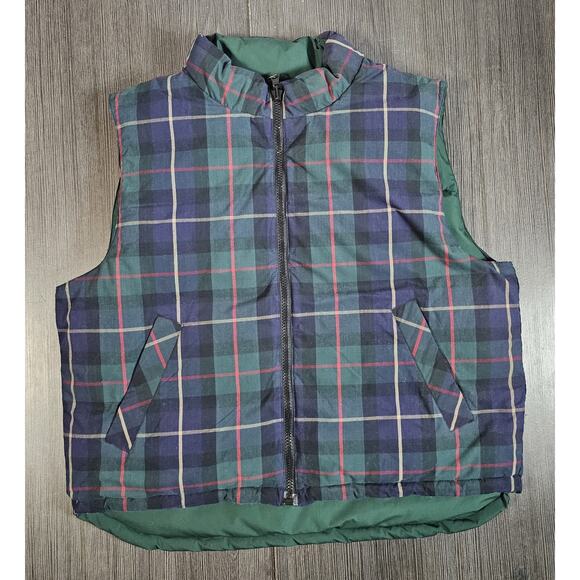 VINTAGE Eddie Bauer Vest Mens Large Green Goose Down Reversible Full Zip Plaid - Picture 3 of 9